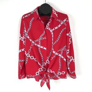 Susan Graver Chain Print Tie Waist Blouse Women's Size 10 Red Long Sleeve Career